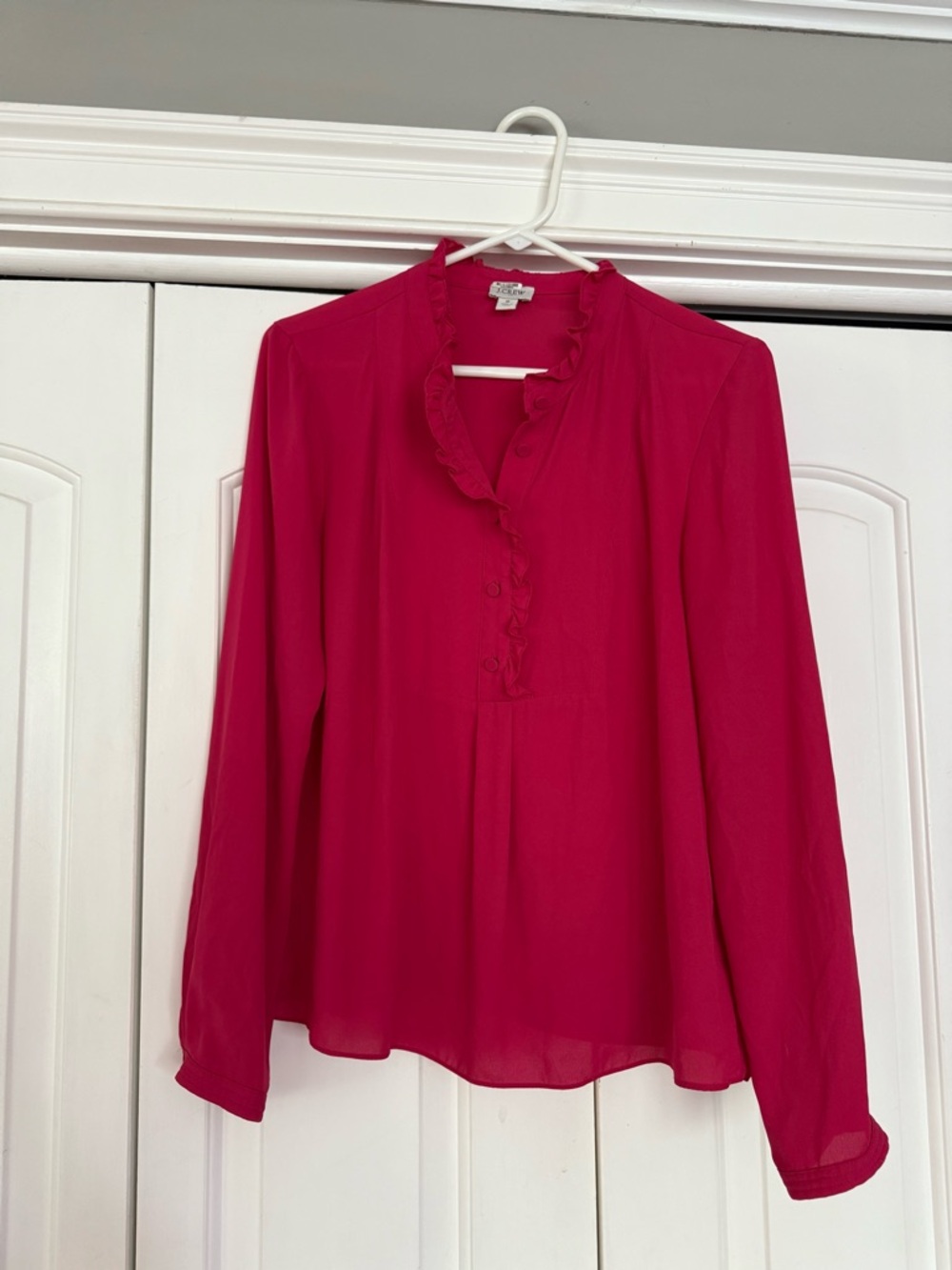 J. Crew Ruffled V-Neck Long Sleeve Blouse - Fuchsia